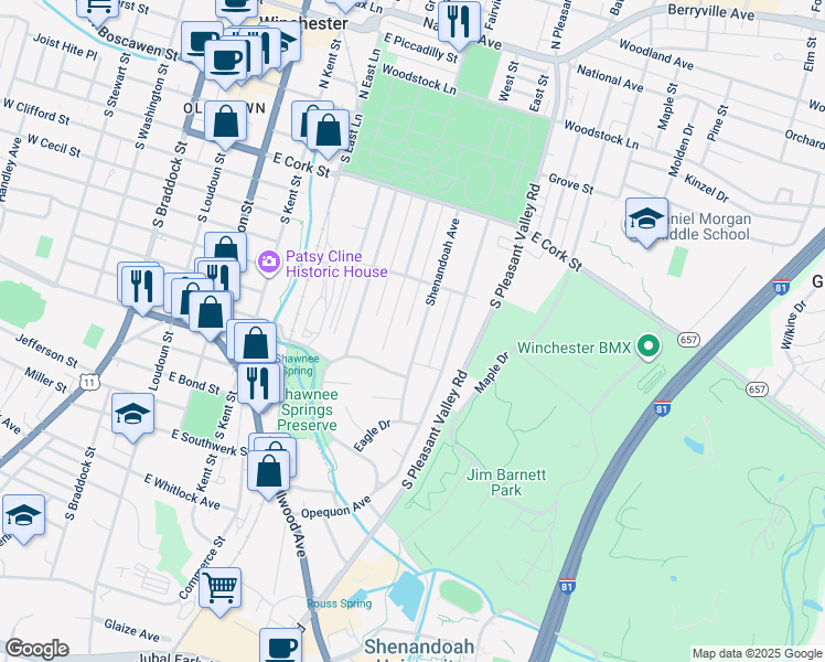 map of restaurants, bars, coffee shops, grocery stores, and more near 347 Shenandoah Avenue in Winchester