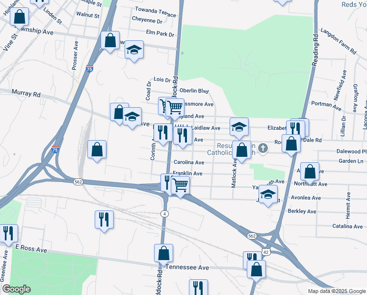 map of restaurants, bars, coffee shops, grocery stores, and more near 1216 Regent Avenue in Cincinnati