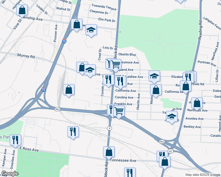 map of restaurants, bars, coffee shops, grocery stores, and more near 1139 Regent Avenue in Cincinnati