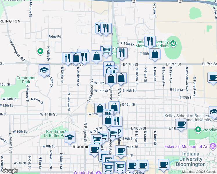 map of restaurants, bars, coffee shops, grocery stores, and more near 1101 North College Avenue in Bloomington