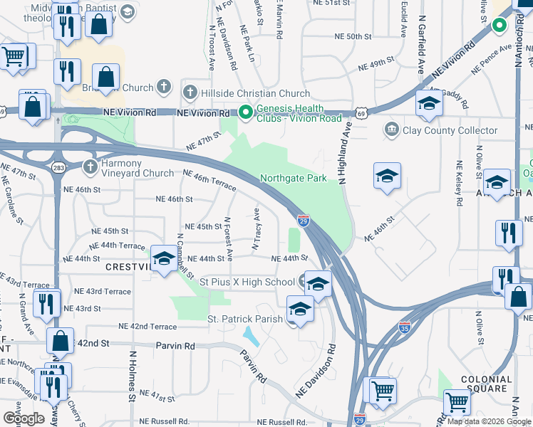 map of restaurants, bars, coffee shops, grocery stores, and more near 1230 Northeast 46th Terrace in Kansas City