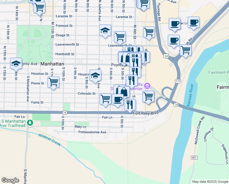 map of restaurants, bars, coffee shops, grocery stores, and more near 522 Colorado Street in Manhattan