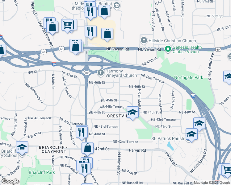 map of restaurants, bars, coffee shops, grocery stores, and more near 701 Northeast 46 Street in Kansas City