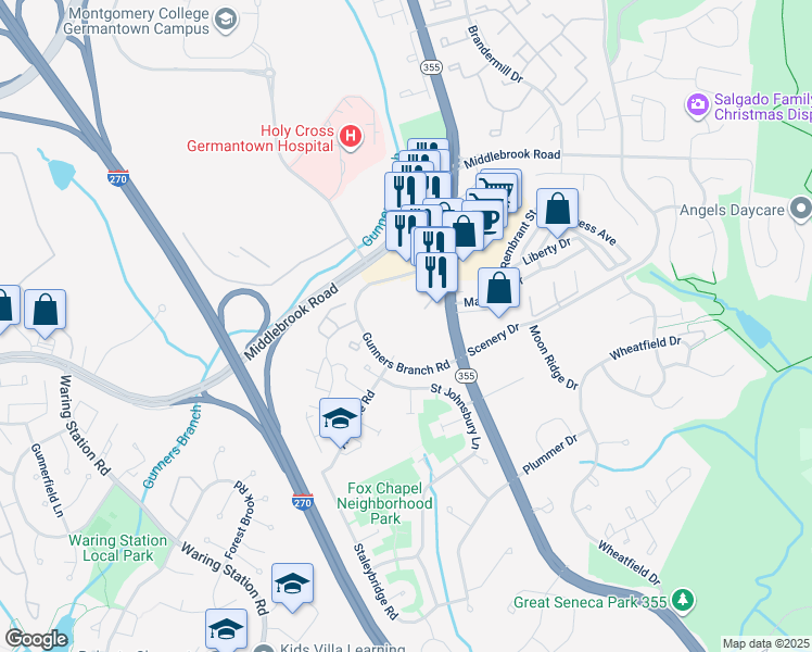map of restaurants, bars, coffee shops, grocery stores, and more near 19513 Gunners Branch Road in Germantown