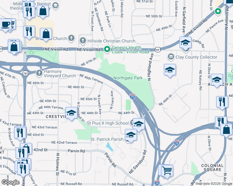 map of restaurants, bars, coffee shops, grocery stores, and more near 1230 Northeast 46th Terrace in Kansas City