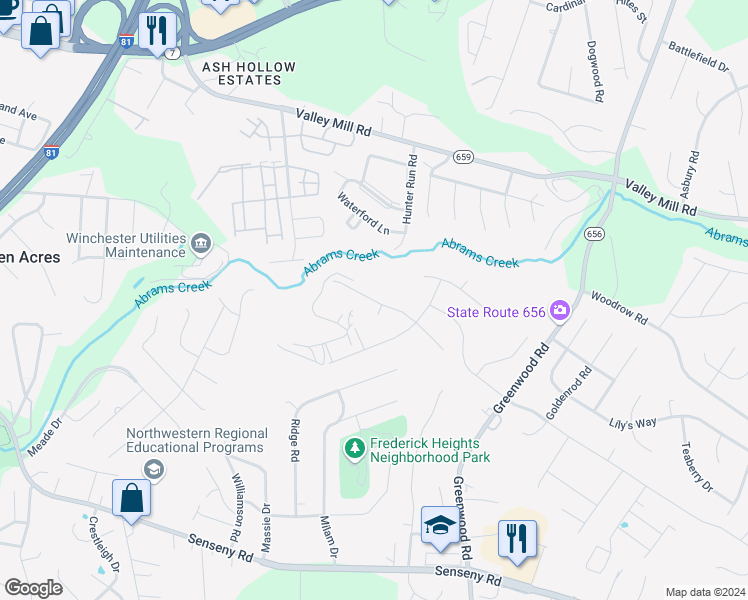 map of restaurants, bars, coffee shops, grocery stores, and more near 124 Triangle Court in Winchester