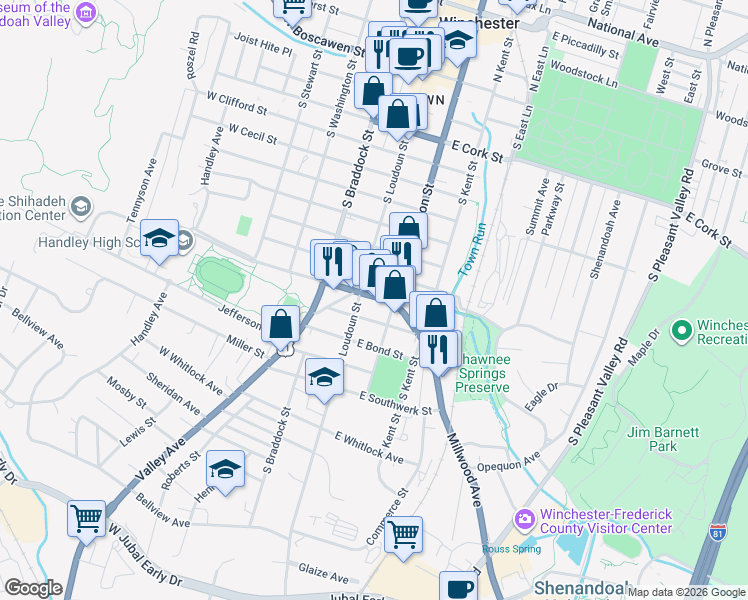 map of restaurants, bars, coffee shops, grocery stores, and more near 824 South Loudoun Street in Winchester