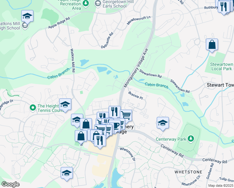 map of restaurants, bars, coffee shops, grocery stores, and more near 19500 Montgomery Village Avenue in Montgomery Village