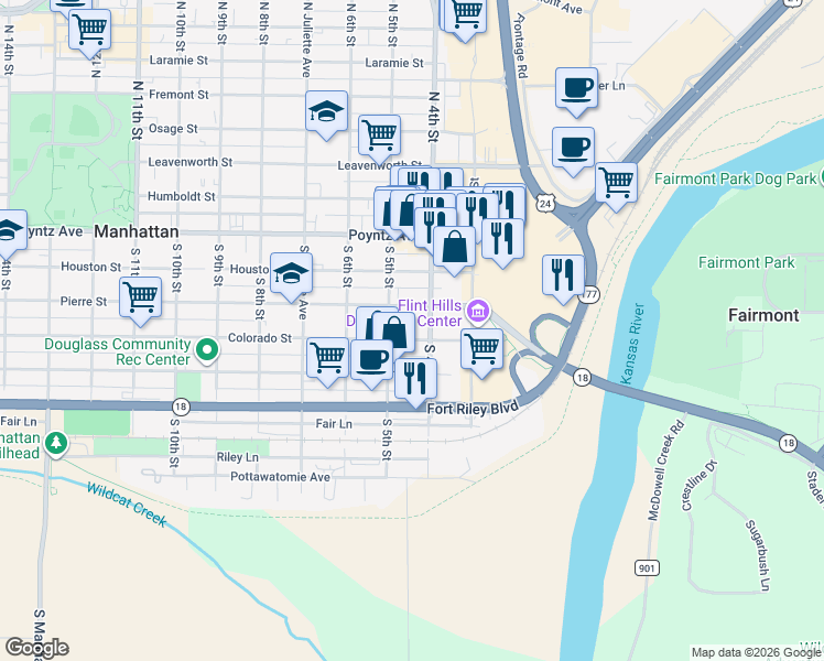 map of restaurants, bars, coffee shops, grocery stores, and more near 420 Colorado Street in Manhattan