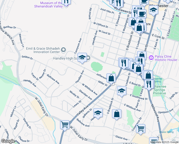 map of restaurants, bars, coffee shops, grocery stores, and more near 339 Jefferson Street in Winchester