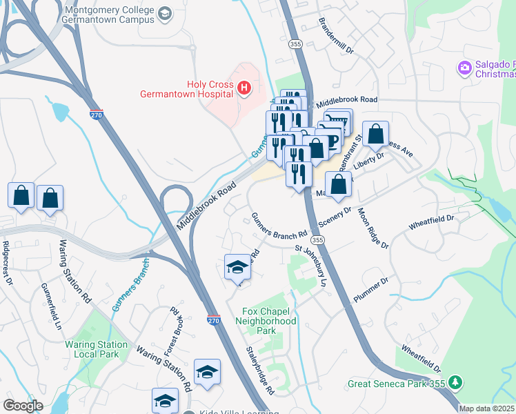 map of restaurants, bars, coffee shops, grocery stores, and more near 19529 Gunners Branch Road in Germantown