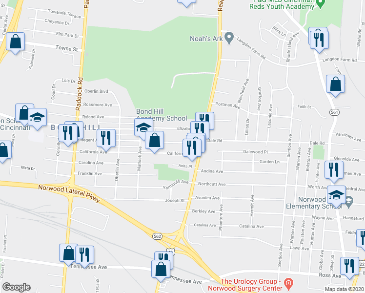 map of restaurants, bars, coffee shops, grocery stores, and more near 1664 Rose Place in Cincinnati