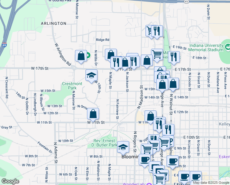 map of restaurants, bars, coffee shops, grocery stores, and more near 620 West 15th Street in Bloomington