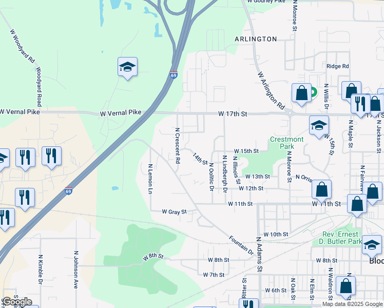 map of restaurants, bars, coffee shops, grocery stores, and more near 1205 North Glandore Drive in Bloomington