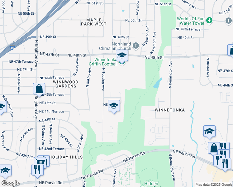 map of restaurants, bars, coffee shops, grocery stores, and more near 4526 North White Avenue in Kansas City