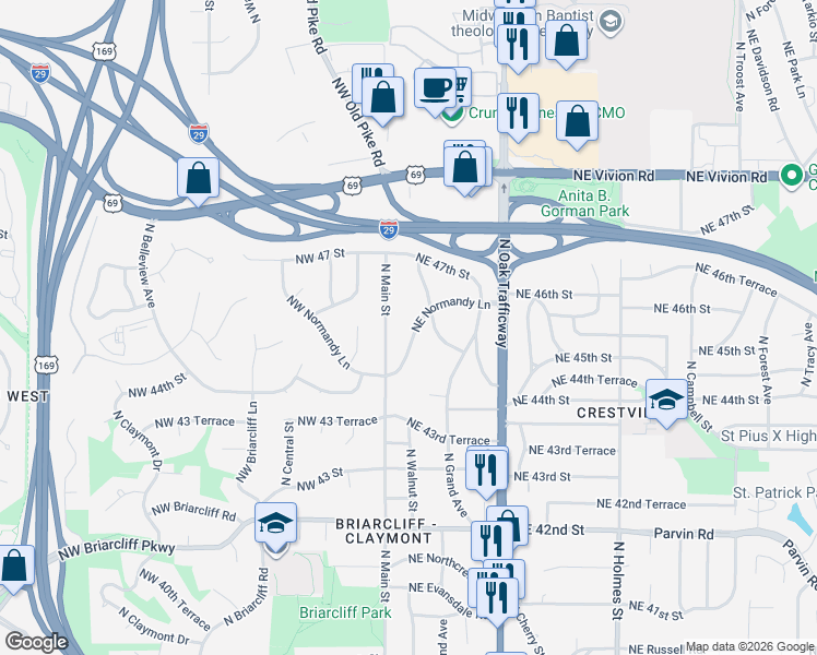 map of restaurants, bars, coffee shops, grocery stores, and more near 4605 North Main Street in Kansas City