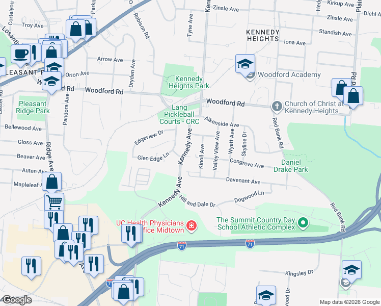 map of restaurants, bars, coffee shops, grocery stores, and more near 5820 Kennedy Avenue in Cincinnati