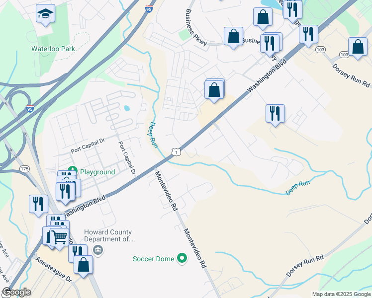 map of restaurants, bars, coffee shops, grocery stores, and more near 7615 Washington Boulevard in Elkridge