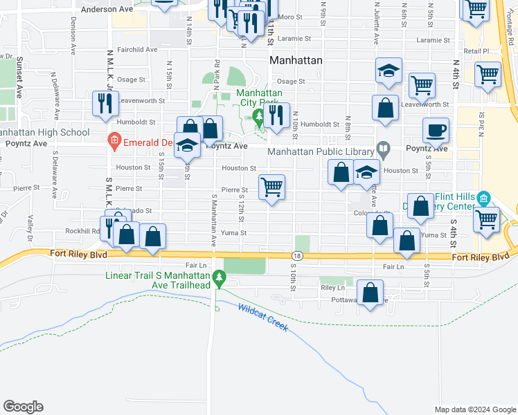 map of restaurants, bars, coffee shops, grocery stores, and more near 1110 Colorado Street in Manhattan