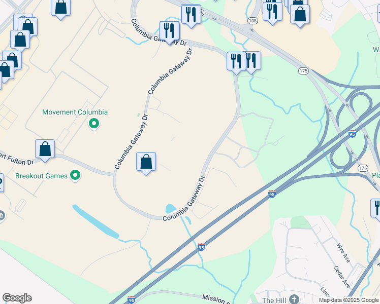 map of restaurants, bars, coffee shops, grocery stores, and more near 7000 Columbia Gateway Drive in Columbia