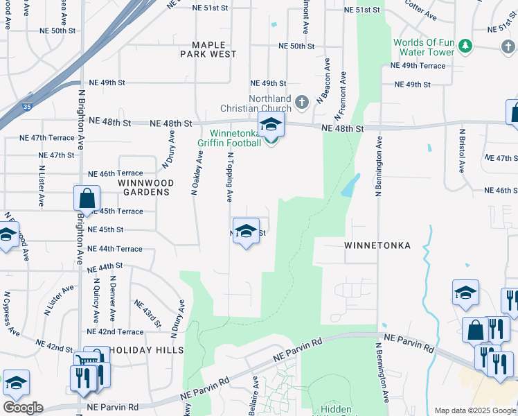 map of restaurants, bars, coffee shops, grocery stores, and more near 4526 North White Avenue in Kansas City