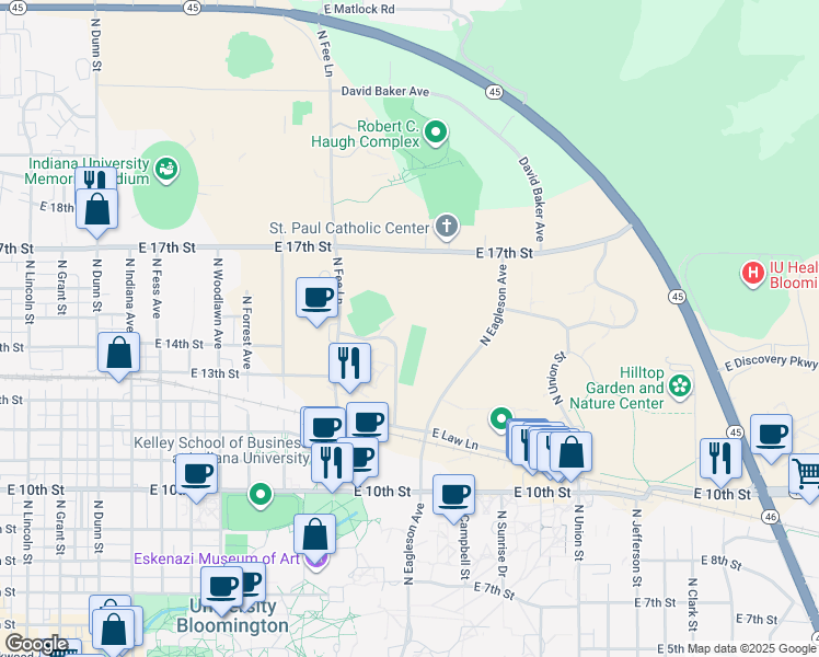 map of restaurants, bars, coffee shops, grocery stores, and more near in Bloomington