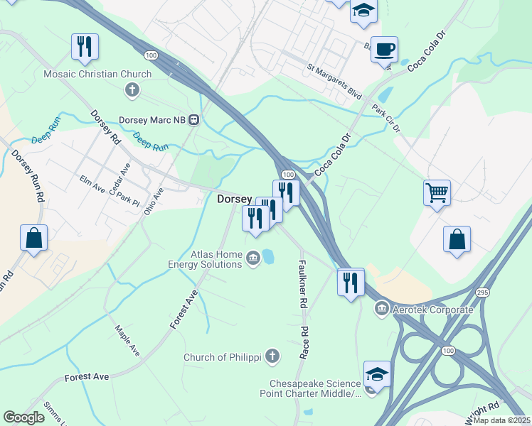 map of restaurants, bars, coffee shops, grocery stores, and more near 1747 Dorsey Road in Hanover
