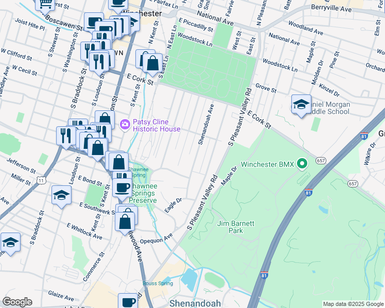 map of restaurants, bars, coffee shops, grocery stores, and more near 329 Shenandoah Avenue in Winchester