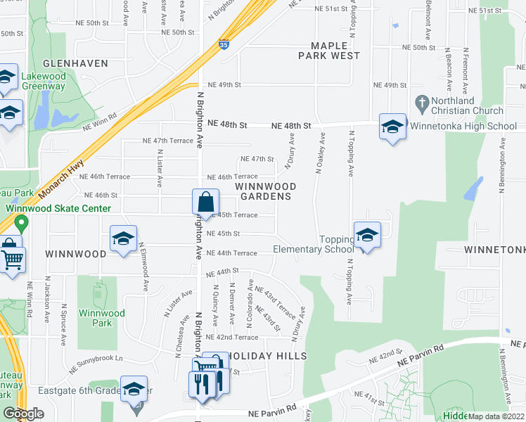 map of restaurants, bars, coffee shops, grocery stores, and more near 5308 Northeast 45th Terrace in Kansas City