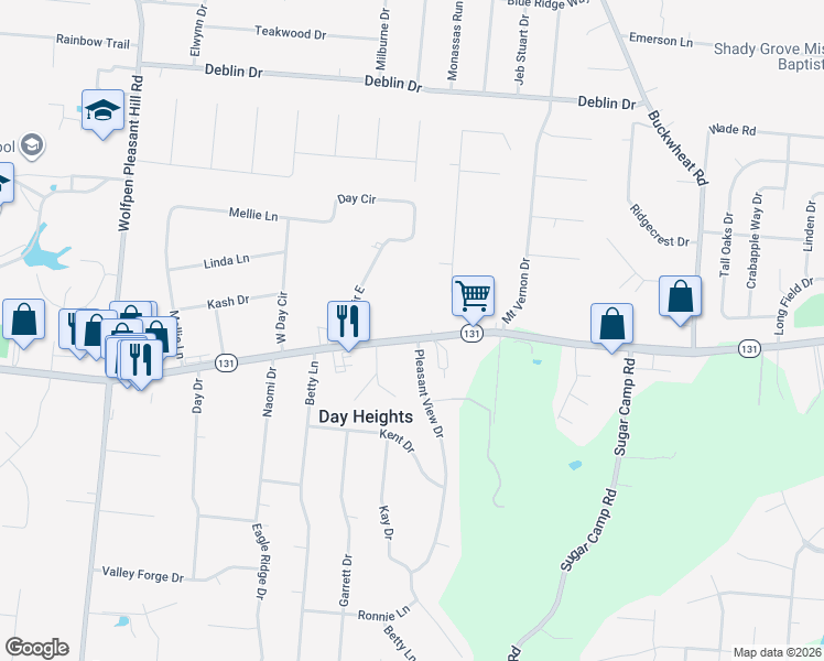 map of restaurants, bars, coffee shops, grocery stores, and more near 1268 Ohio 131 in Milford