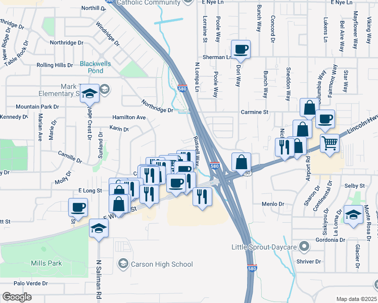 map of restaurants, bars, coffee shops, grocery stores, and more near 1756 Russell Way in Carson City