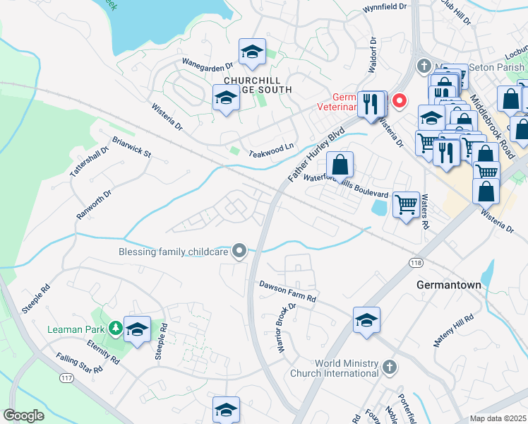 map of restaurants, bars, coffee shops, grocery stores, and more near 13800 Lullaby Road in Germantown