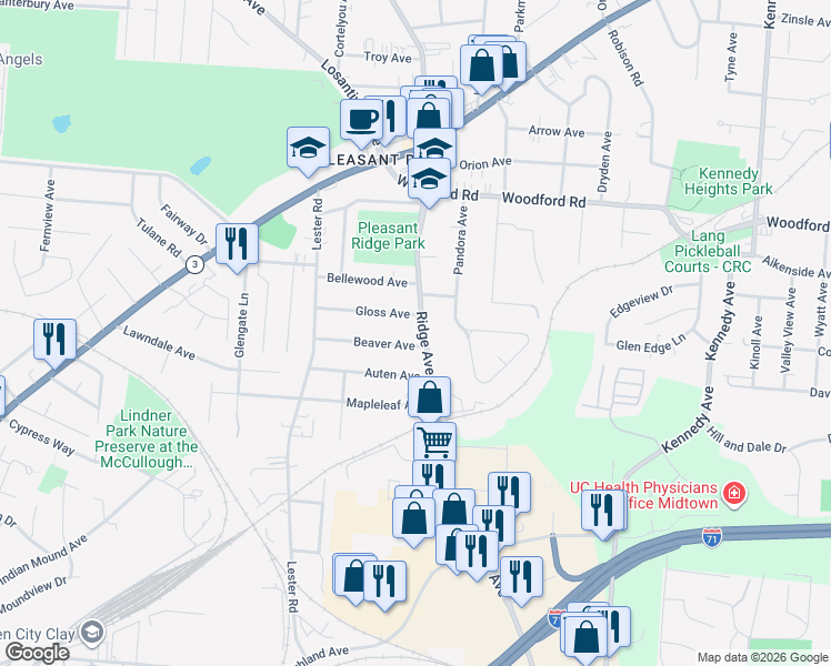map of restaurants, bars, coffee shops, grocery stores, and more near 5727 Ridge Avenue in Cincinnati