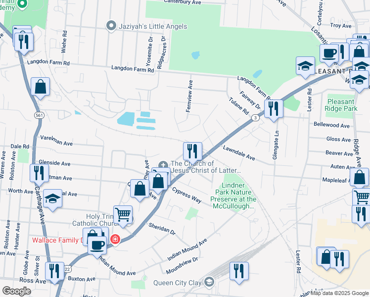 map of restaurants, bars, coffee shops, grocery stores, and more near 5565 Bosworth Place in Cincinnati