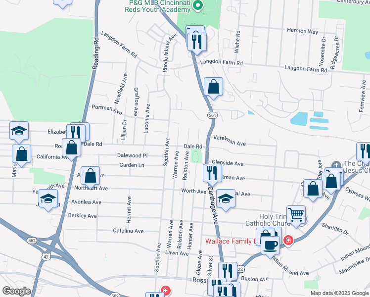 map of restaurants, bars, coffee shops, grocery stores, and more near 2028 Dale Road in Cincinnati