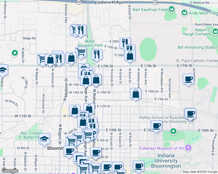 map of restaurants, bars, coffee shops, grocery stores, and more near 203 East 15th Street in Bloomington