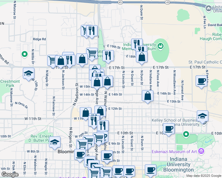 map of restaurants, bars, coffee shops, grocery stores, and more near 1092 North Walnut Street in Bloomington