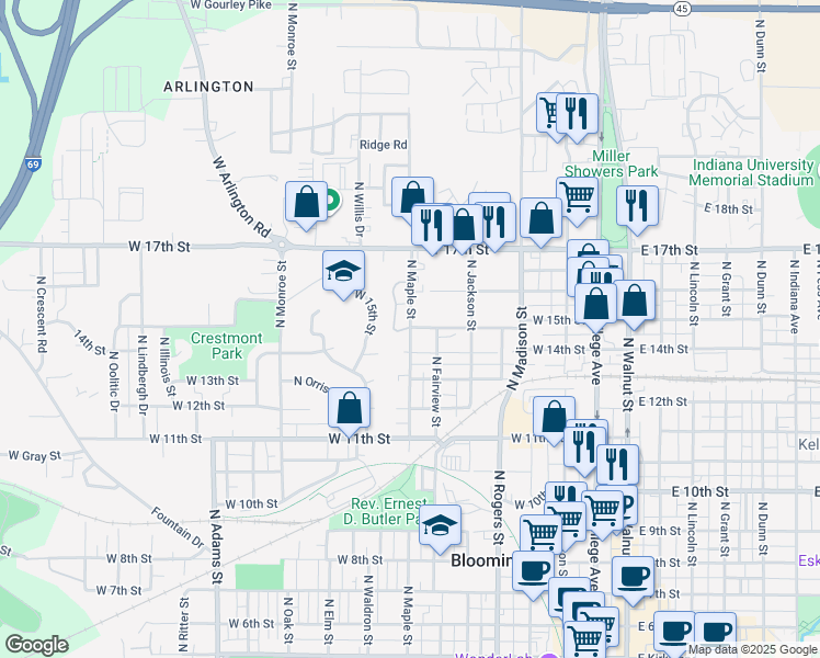 map of restaurants, bars, coffee shops, grocery stores, and more near 1221 North Maple Street in Bloomington