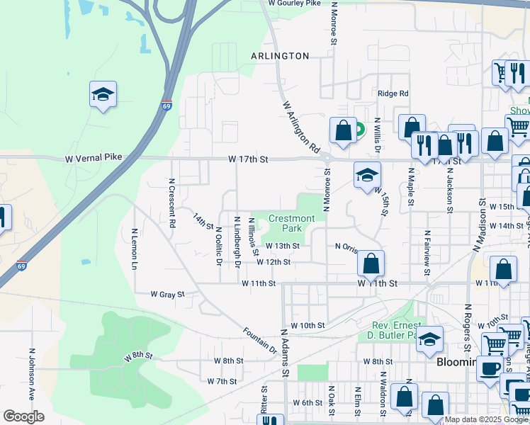 map of restaurants, bars, coffee shops, grocery stores, and more near 1330 15th Street in Bloomington