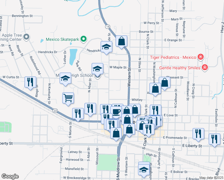 map of restaurants, bars, coffee shops, grocery stores, and more near 619 North Wade Street in Mexico