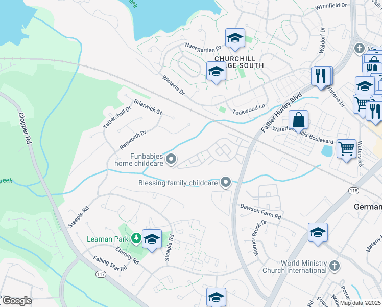 map of restaurants, bars, coffee shops, grocery stores, and more near 13923 Lullaby Road in Germantown