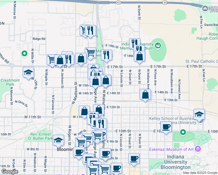 map of restaurants, bars, coffee shops, grocery stores, and more near 1092 North Walnut Street in Bloomington