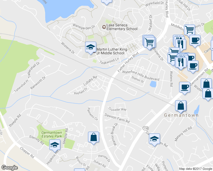 map of restaurants, bars, coffee shops, grocery stores, and more near 13800 Lullaby Road in Germantown