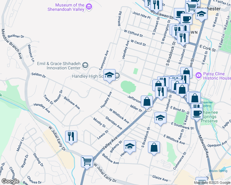 map of restaurants, bars, coffee shops, grocery stores, and more near 339 Jefferson Street in Winchester