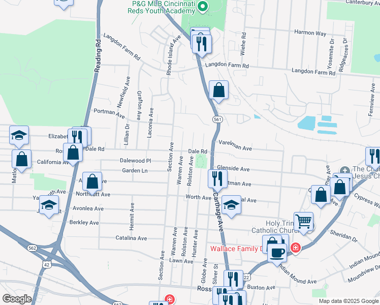 map of restaurants, bars, coffee shops, grocery stores, and more near 2028 Dale Road in Cincinnati