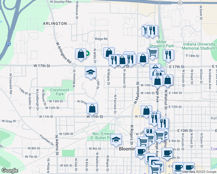 map of restaurants, bars, coffee shops, grocery stores, and more near 1000 West 15th Street in Bloomington