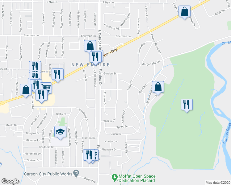 map of restaurants, bars, coffee shops, grocery stores, and more near 1686 Walker Drive in Carson City