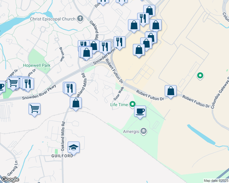 map of restaurants, bars, coffee shops, grocery stores, and more near 7116 Natures Road in Columbia