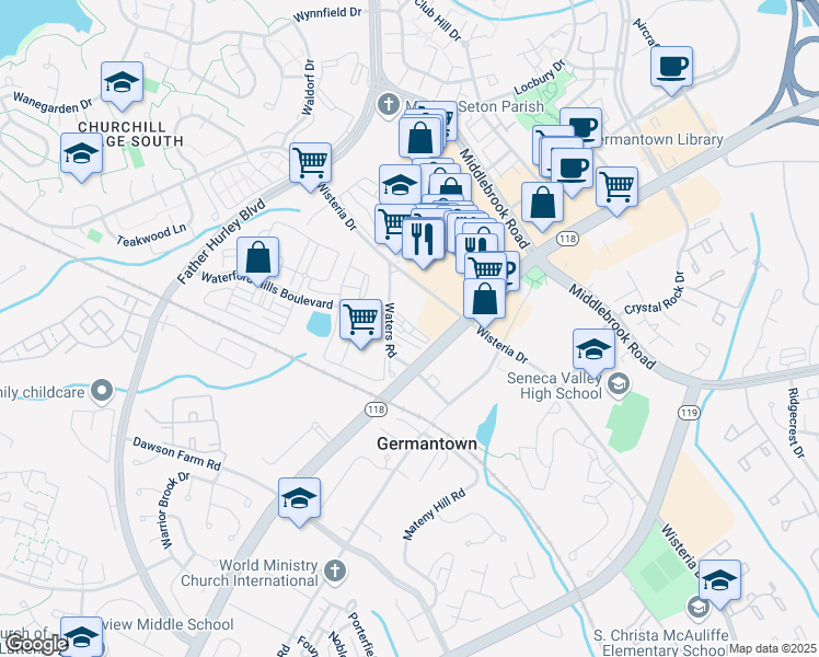 map of restaurants, bars, coffee shops, grocery stores, and more near 19525 Waters Road in Germantown