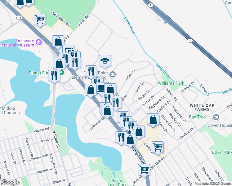 map of restaurants, bars, coffee shops, grocery stores, and more near 629 Buckson Drive in Dover